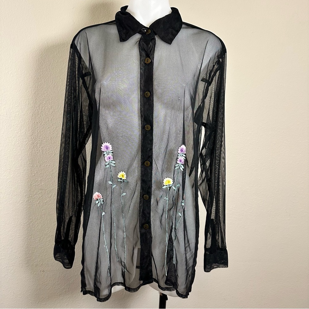 Vintage‎ Y2K Nash Black Sheer Mesh Floral Embroidered Button Down Top Large